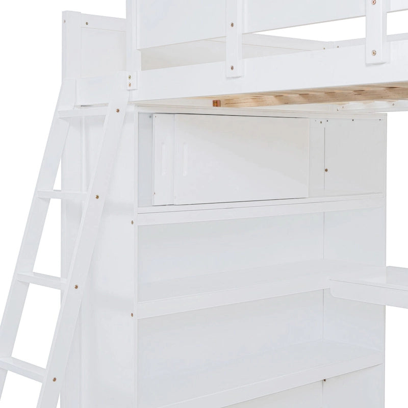 Lit mezzanine double avec bureau et étagère – Gris / Blanc – Convient pour 1 personne