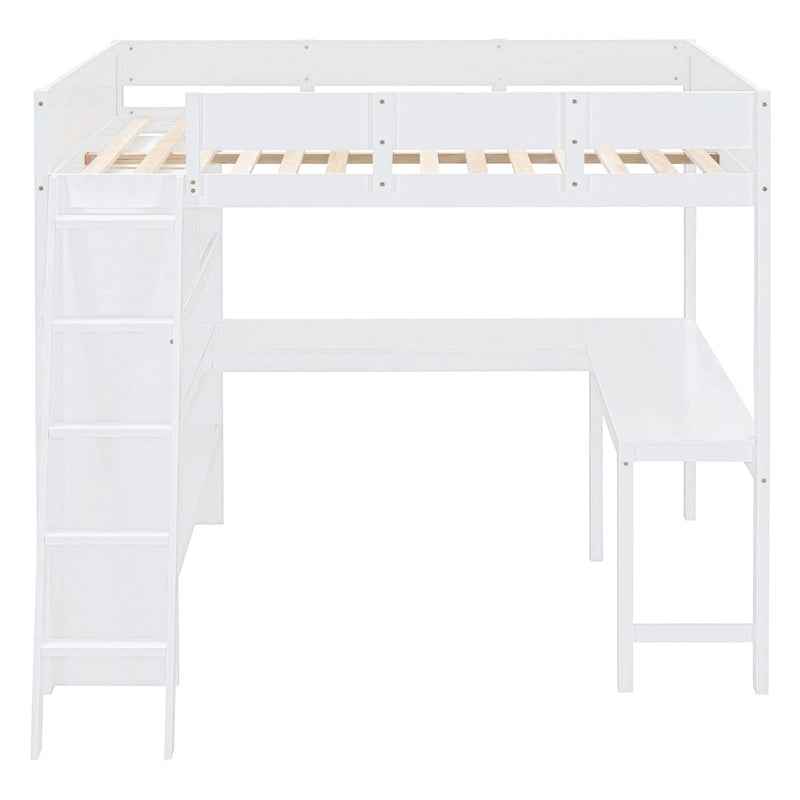 Lit mezzanine double avec bureau et étagère – Gris / Blanc – Convient pour 1 personne