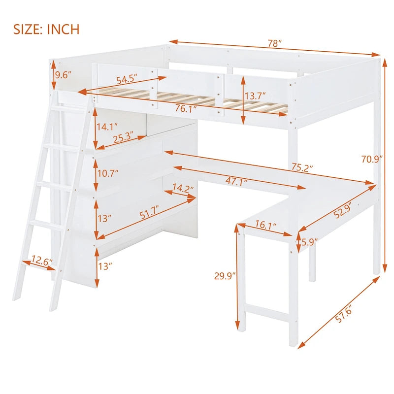 Lit mezzanine double avec bureau et étagère – Gris / Blanc – Convient pour 1 personne