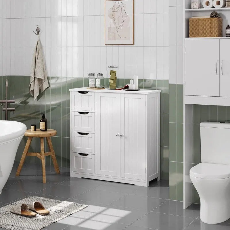 Meuble bas de salle de bain finition bois blanc – 4 tiroirs, pour 1 personne