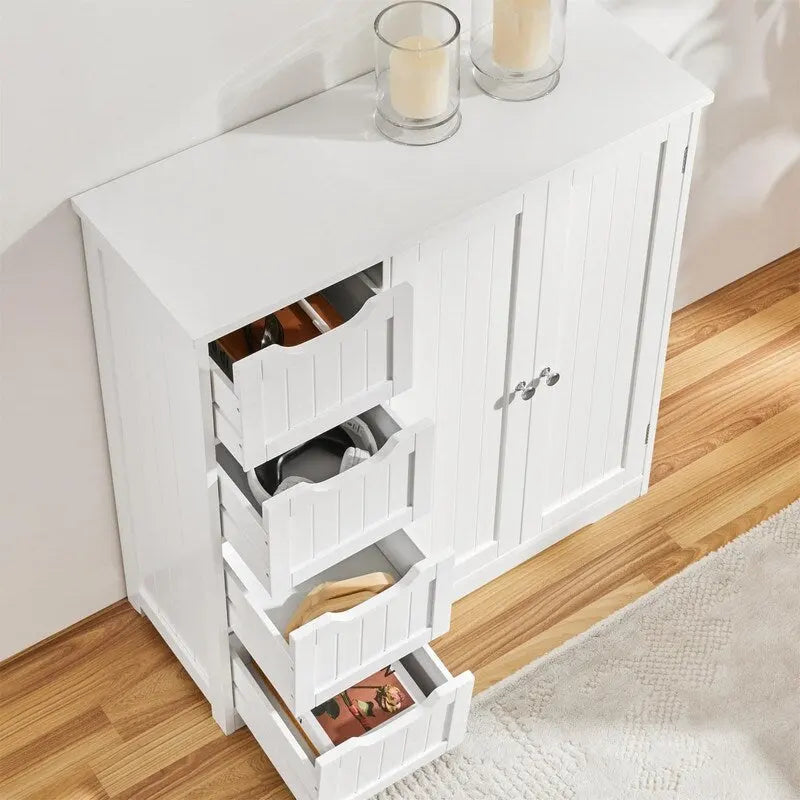 Meuble bas de salle de bain finition bois blanc – 4 tiroirs, pour 1 personne