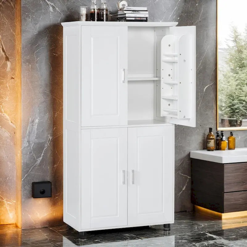 Armoire haute de rangement – Finition bois et blanc, 4 portes