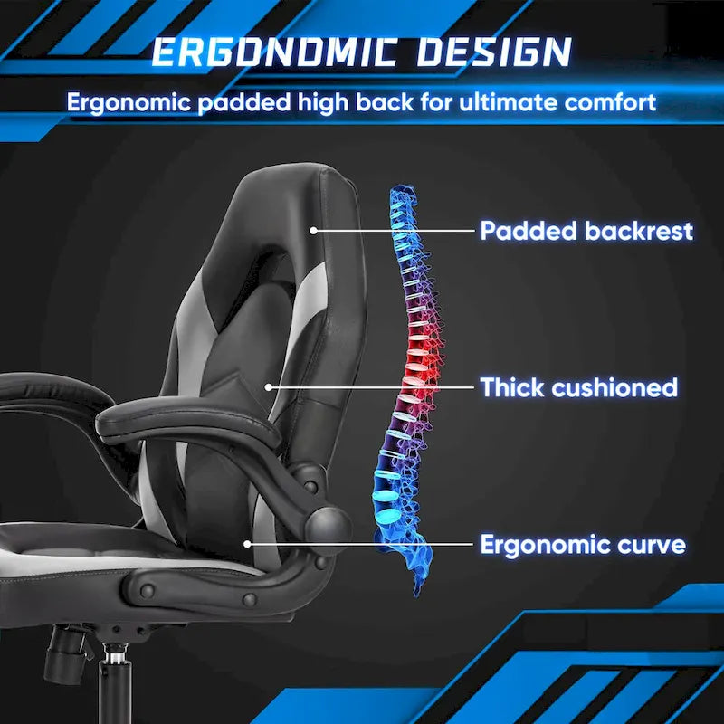 Chaise de Gamer et de Bureau, Accoudoirs Relevables, 1 Personne | Noir+Bleu / Noir+Rouge / Noir+Gris
