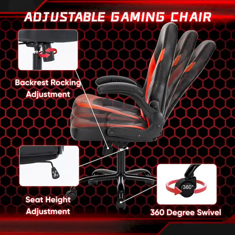 Chaise de Gamer et de Bureau, Accoudoirs Relevables, 1 Personne | Noir+Bleu / Noir+Rouge / Noir+Gris
