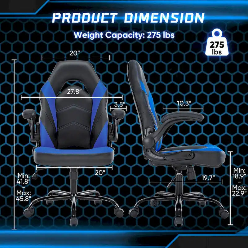 Chaise de Gamer et de Bureau, Accoudoirs Relevables, 1 Personne | Noir+Bleu / Noir+Rouge / Noir+Gris