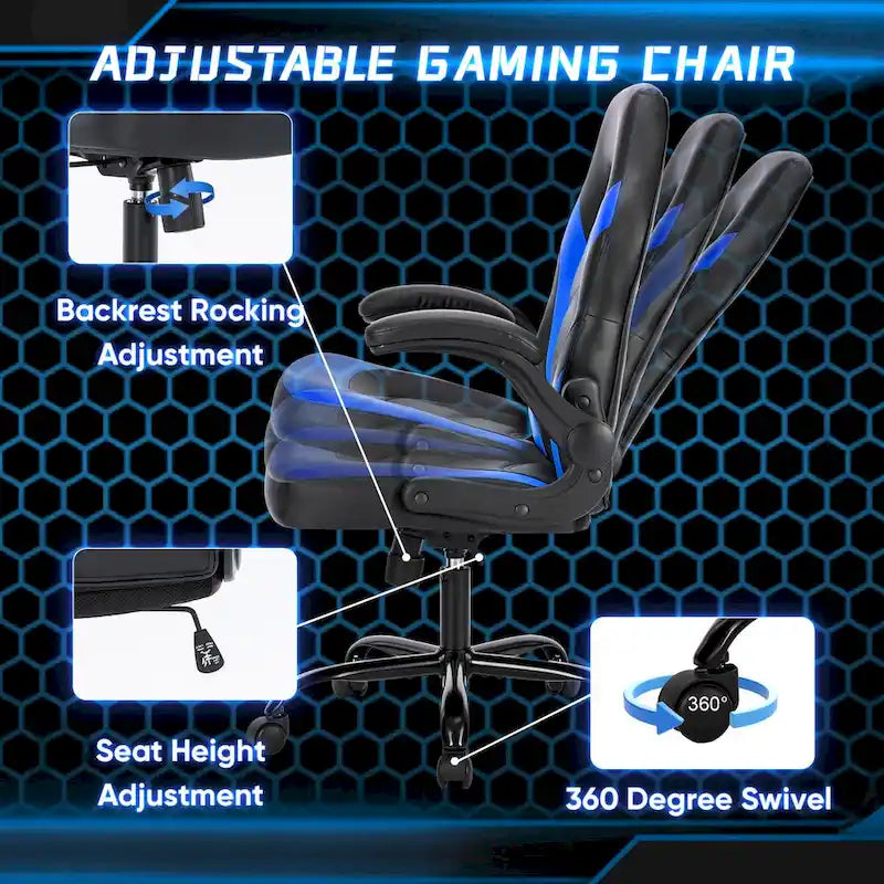 Chaise de Gamer et de Bureau, Accoudoirs Relevables, 1 Personne | Noir+Bleu / Noir+Rouge / Noir+Gris