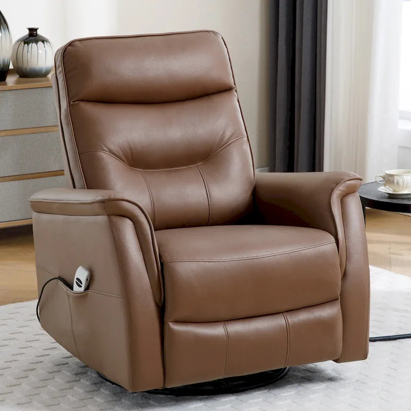 Fauteuil inclinable, pivotant et coulissant électrique en similicuir beige/gris/marron, une place