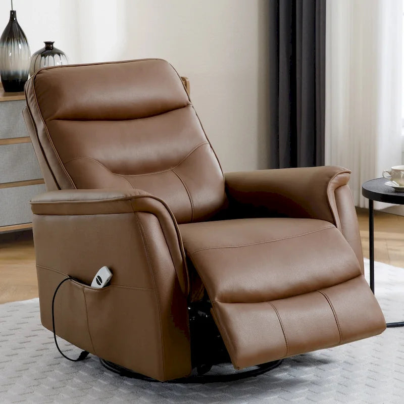 Fauteuil inclinable, pivotant et coulissant électrique en similicuir beige/gris/marron, une place