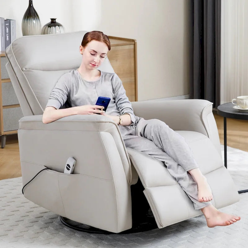 Fauteuil inclinable, pivotant et coulissant électrique en similicuir beige/gris/marron, une place