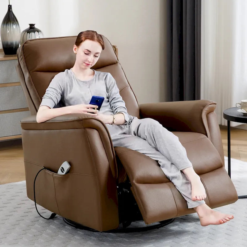 Fauteuil inclinable, pivotant et coulissant électrique en similicuir beige/gris/marron, une place