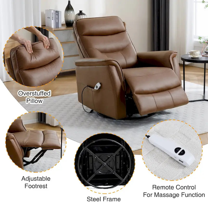 Fauteuil inclinable, pivotant et coulissant électrique en similicuir beige/gris/marron, une place